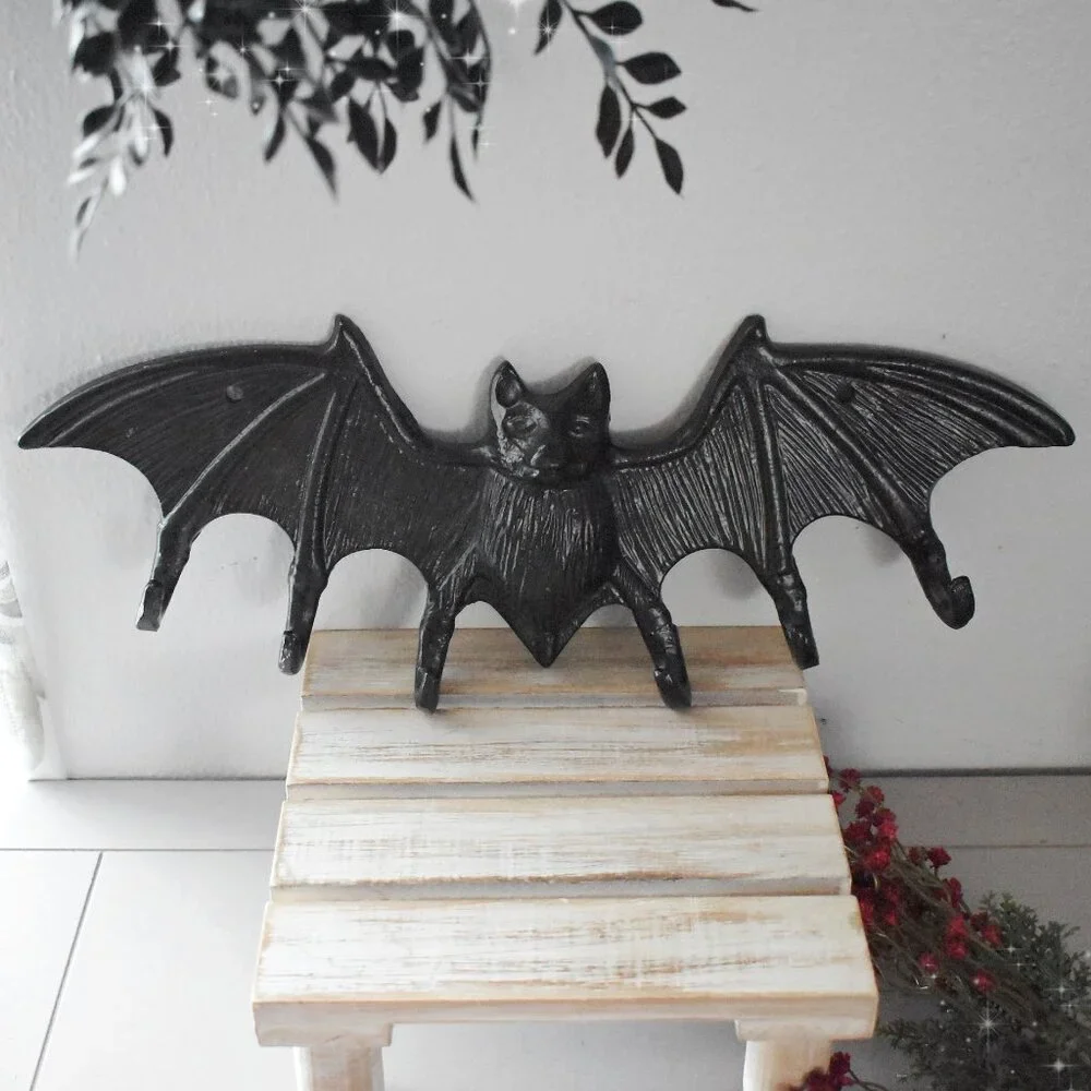Large Rustic Gothic Black Cast Iron Metal Vampire Bat Hook Wall Halloween Decor